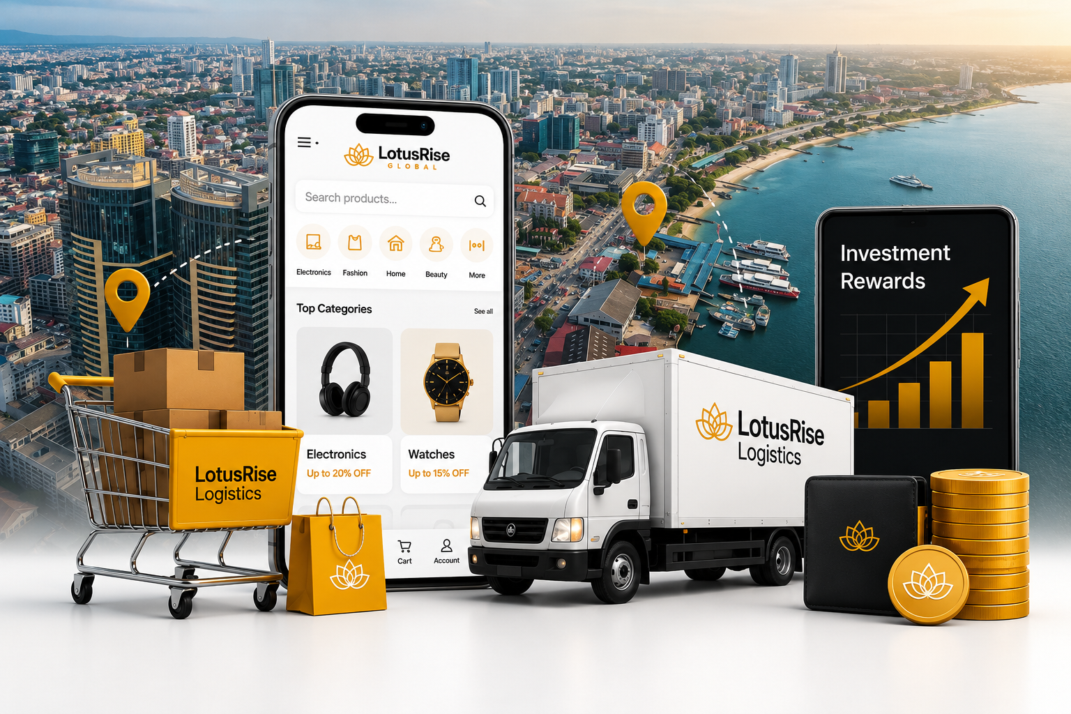 LotusRise digital commerce ecosystem with marketplace, logistics and investment rewards